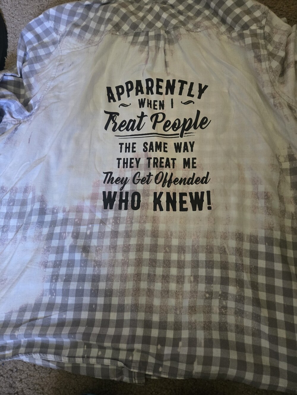 Upcycled Graphic Flannel Shirt – Grunge Plaid Statement Quote. LS03